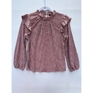 Cable & Gauge Womens Lace Blouse Top Small Pink Ruffle Long Sleeve Keyhole Chic